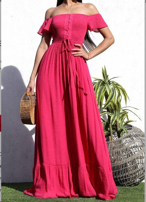 Laced-Up Woven Maxi Dress (Fuchsia)