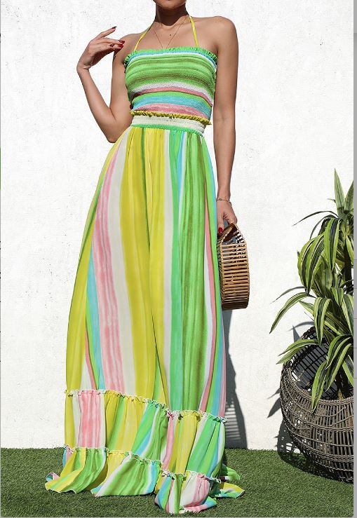 Smocked Top Woven Maxi Dress Green